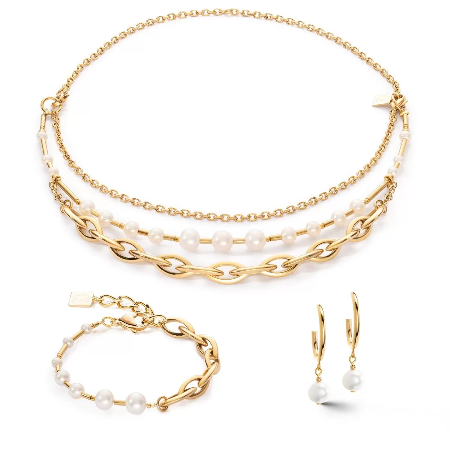 COEUR DE LION Ohrringe Creolen mit Süßwasserperlen und klobiger Kette Navette Multiwear Weißgold- Perlenohrringe