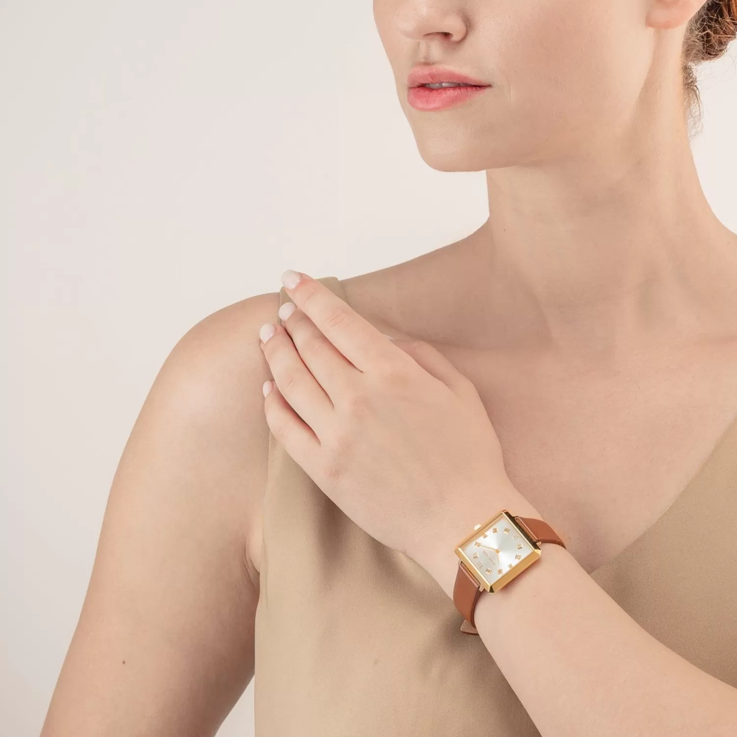 COEUR DE LION Uhr Iconic Square Gold White Sunray Armband Leder Classy Brown- Uhren